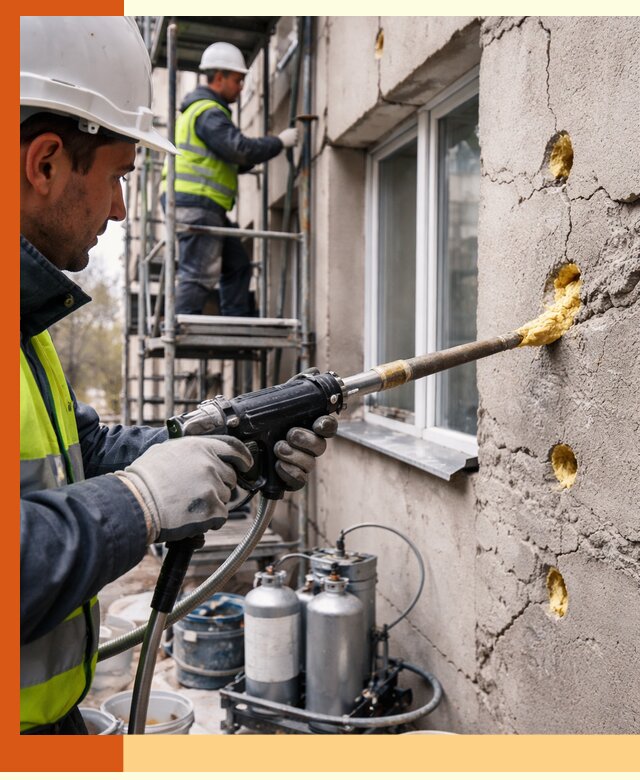 Заполнение пустот в фасаде и утепление стен в Вязьме