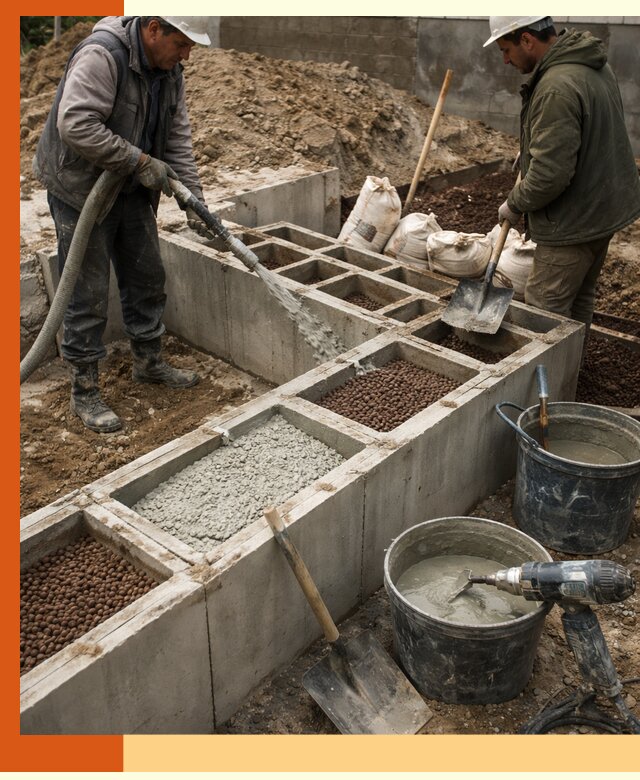 Заполнение полостей фундамента в Вязьме герметичным утеплением и повышением прочности